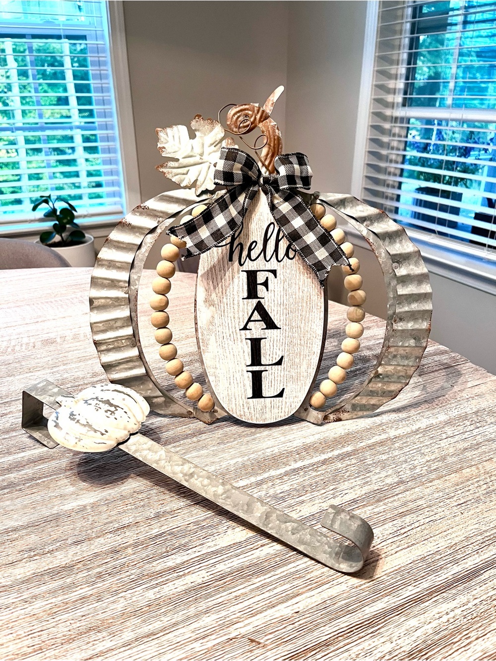 Galvanized Metal Pumpkin Table Standing Decor & Door Wreath Hanger- Hello Fall